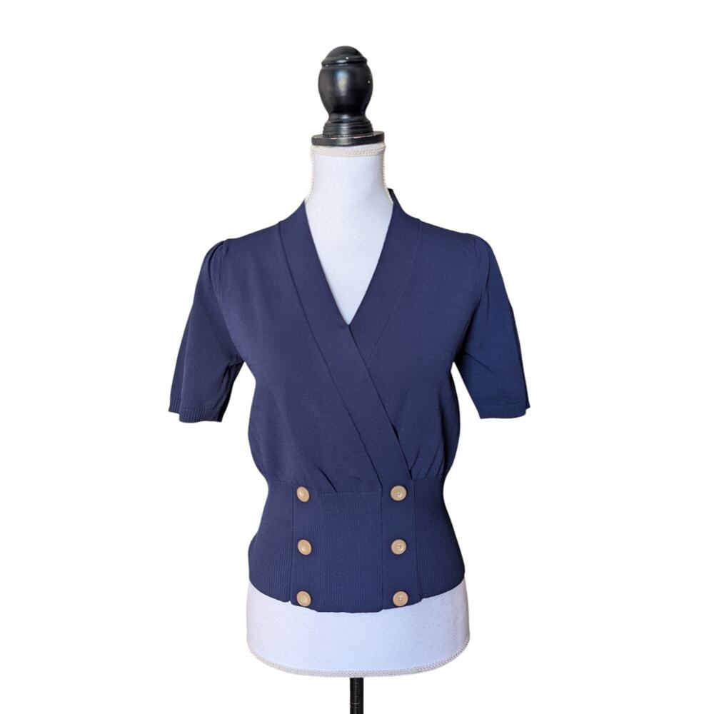 Paisie Navy Blue Button Front Ribbed Waist V Neck Knit Top Size Medium Sweater